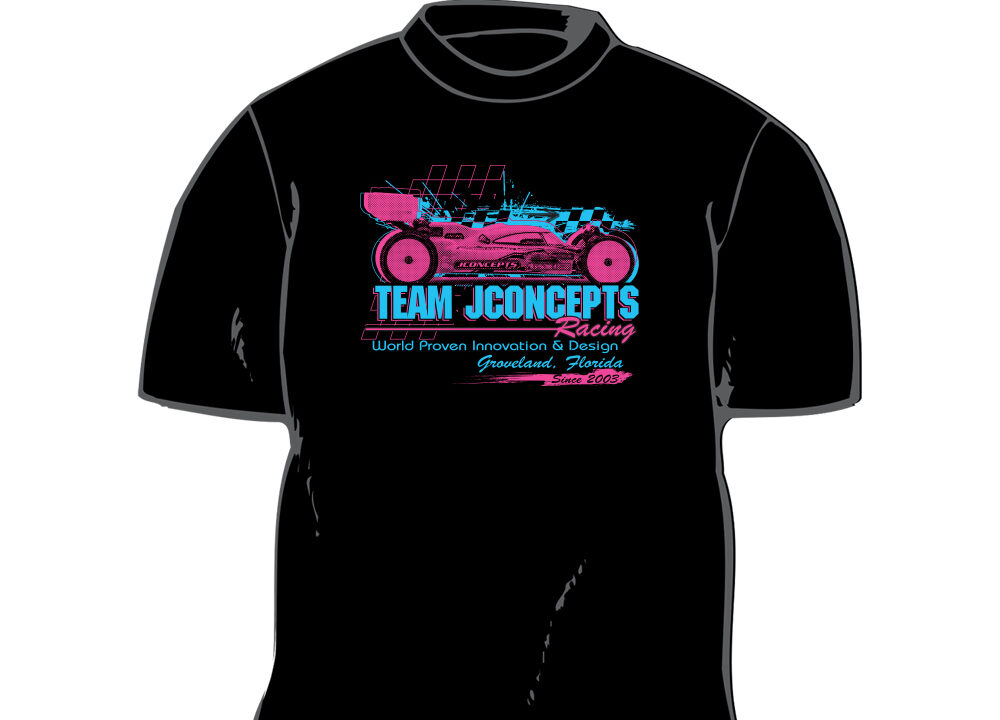 T-shirt JConcepts Striker rose et bleu sur coton noir, reference 5429