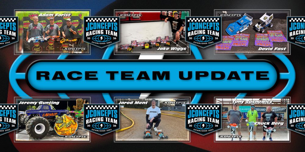 Bilan course JConcepts fin juillet 2026, pilotes de l'equipe en buggy et dirt oval