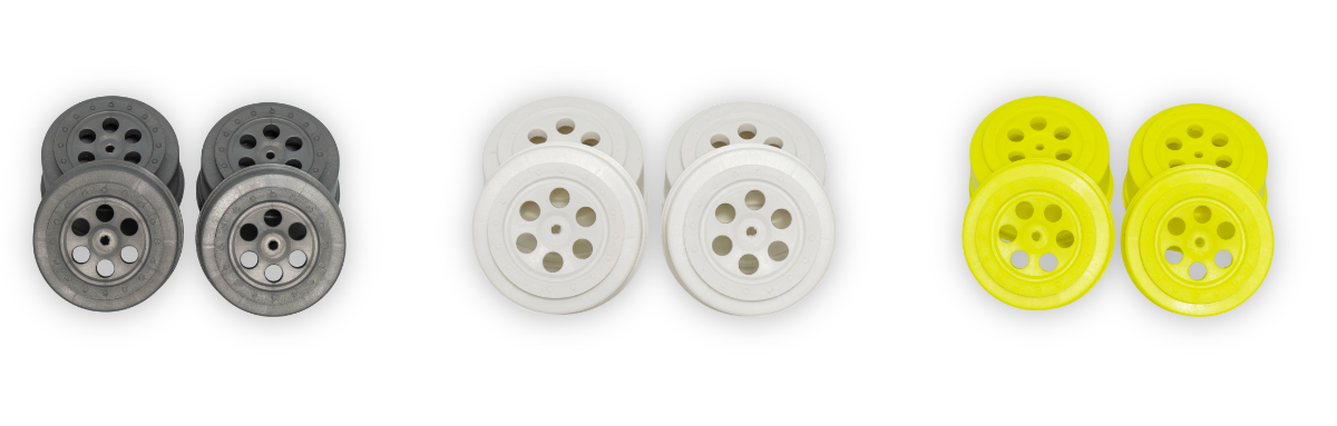 Roues Tekno RC TR606 pour short course 1/10 en gris, blanc et jaune, déport SCT410